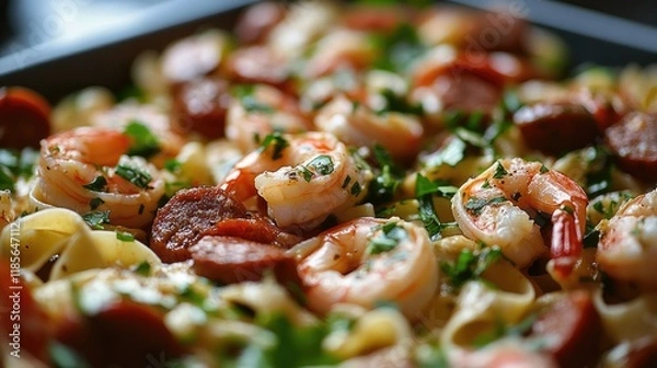 Fototapeta Savory Summer Chicken Shrimp Pasta with Chorizo and Sausage Garnished with Fresh Herbs