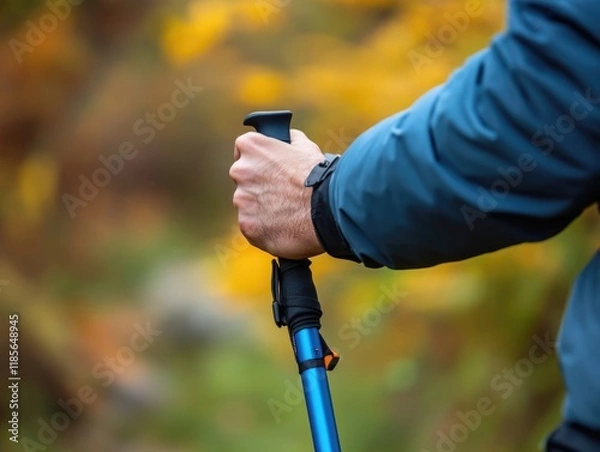 Fototapeta Close-up of a male hand gripping a blue trekking pole against a blurred autumn background featuring yellow foliage with ample space for text.