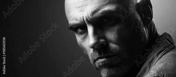 Fototapeta Intense male portrait in black and white captured in studio lighting with dramatic shadows and substantial empty copyspace for text use.