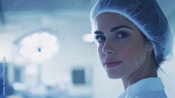 Fototapeta Female doctor in hospital environment with blurred background and text space for medical or healthcare related content