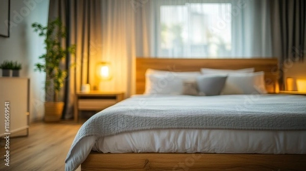 Fototapeta Empty Wooden Table in Cozy Bedroom with Soft Light and Blurred Background Ideal for Interior Design or Home Decor Concepts