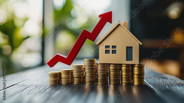 Fototapeta Model house with a rising red arrow and coin stacks. Real estate investment and property value appreciation, the concept of price appreciation of real estate and country houses. 
