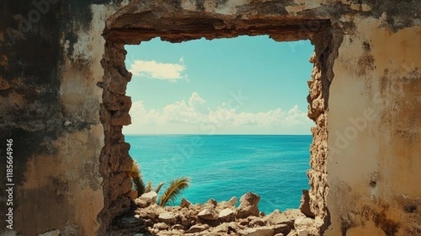 Fototapeta Crumbling Wall Framing Serene Ocean View Under Bright Blue Sky and Fluffy Clouds