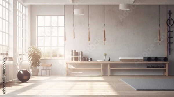 Fototapeta Bright Minimalist Pilates Studio with Wooden Equipment, Yoga Mats, and Large Windows
