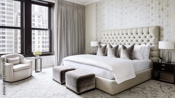 Fototapeta A stylish white bedroom with a statement wall, plush bedding, and modern decor elements that combine comfort with contemporary design.