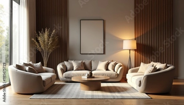 Fototapeta A 3D-rendered stock photo of a stylish and comfortable lounge area with plush sofas, a round coffee table, and floor lamps.