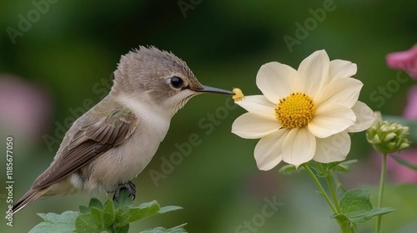 Fototapeta A hummingbird feeding from a light yellow flower in a vibrant garden setting.