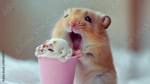 Obraz An beautiful tiny hamster eating ice cream and yawning