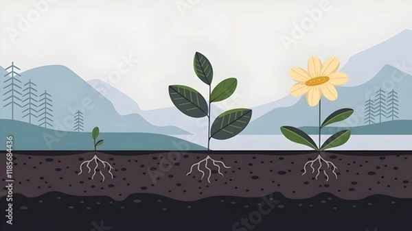 Fototapeta An  illustrated image of a plant life cycle. There's a tiny sprout emerging from the soil, a plant with several leaves and a developed stem, and a flowering plant with a yellow flower. 