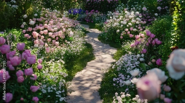 Fototapeta A flower garden path lined with blooming roses, tulips, and daisies, leaving ample room for garden concept ideas and text.