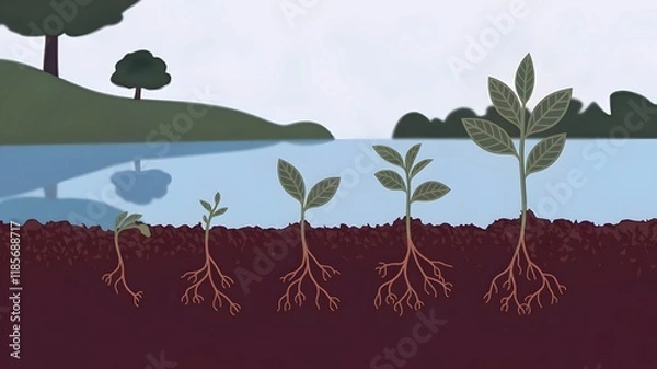 Fototapeta An illustration of the stages of plant growth, from a tiny sprout emerging from the soil to a more mature plant with several leaves and a developed stem. 