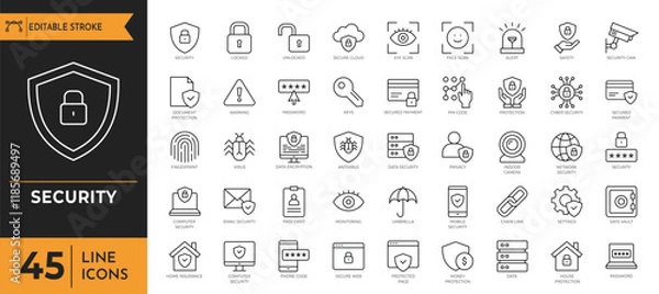 Fototapeta Security icon set. Containingsafety, insurance, data protection, encryption, locked, password, cybersecurity and more. Vector illustration