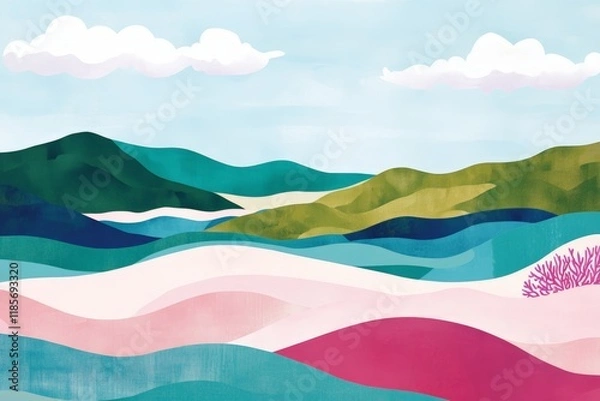 Obraz Colorful landscape illustration with abstract rolling hills, vibrant water elements, and puffy clouds, suitable for nature-themed projects, art, or relaxation visuals.