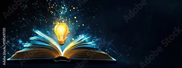 Fototapeta Innovative ideas emerge from books with a glowing light bulb representing inspiration and knowledge generation in education and business environments