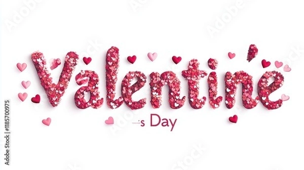 Fototapeta ."Valentinea??s Day" Text in a sophisticated serif font with pink and red heart shapes.