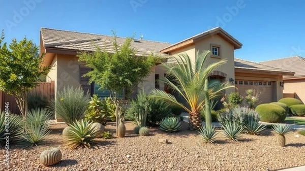 Obraz A front yard with a variety of drought-tolerant plants in full bloom, set against a backdrop of a modern residential house and a clear blue sky, eco-friendly, greenery, architecture