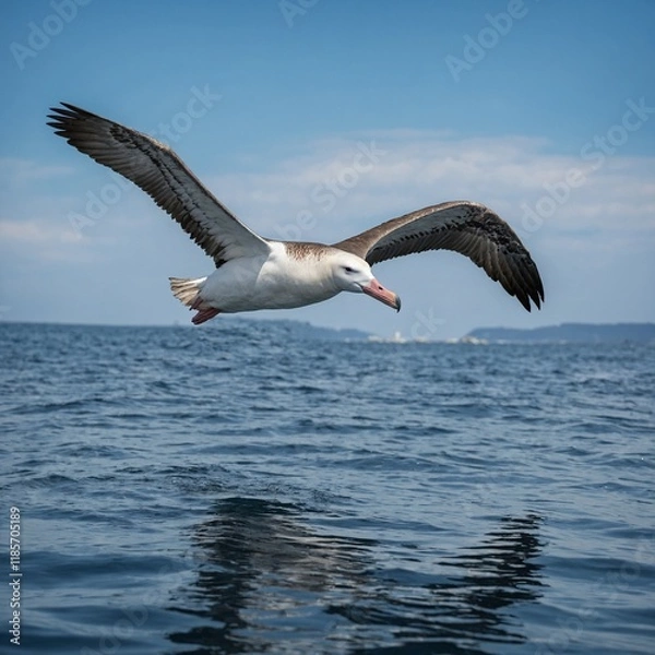 Fototapeta A majestic albatross flying low over the water with a soft sky-blue backdrop.

