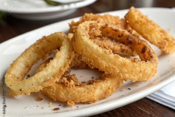 Fototapeta A crispy fried onion ring sizzles on a white plate with its golden brown edges curled up and tantalizing aromas wafting out of the image, crispy snack, yellow, side dish, golden