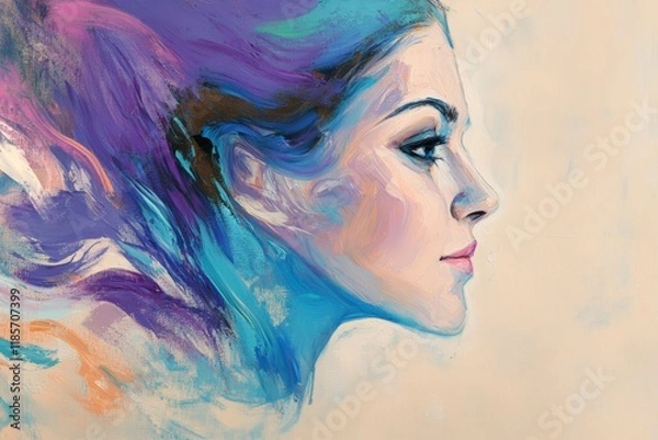 Fototapeta Portrait of a woman with colorful abstract hairstyle, showcasing creativity and artistic expression in modern illustration. Vibrant colors and beautiful design fusion.