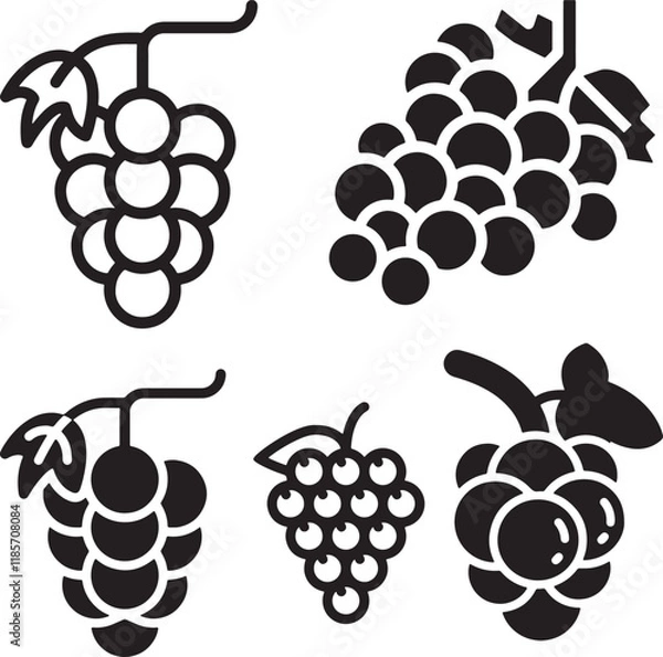 Fototapeta Vector black silhouette of grapes, bunch of grapes with leaf flat icon for food, grapes vector icon, silhouette grapes fruit black color