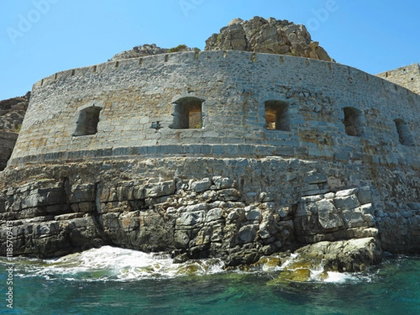 Fototapeta View on ruins of Spinalonga Fortressi, Former leper colony, Crete, Greece