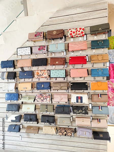 Fototapeta Leather and fabric bags of different colors exhibited in the modern shopping mall or market