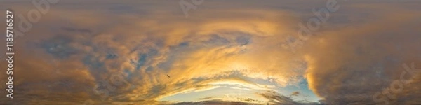 Obraz Golden glowing red orange overcast sunset sky 360 hdr panorama. Seamless spherical equirectangular panorama. Sky dome or zenith for 3D visualization and sky replacement for aerial drone 360 panoramas