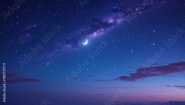 Obraz A Breathtakingly Serene Starry Night Sky with a Blanket of Twinkling Stars, a Crescent Moon, and Soft Clouds, Evoking a Sense of Calm and Wonder under the Vast Cosmos