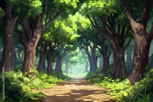 Fototapeta Sunlit Forest Path Lush trees, winding road, misty background, game design