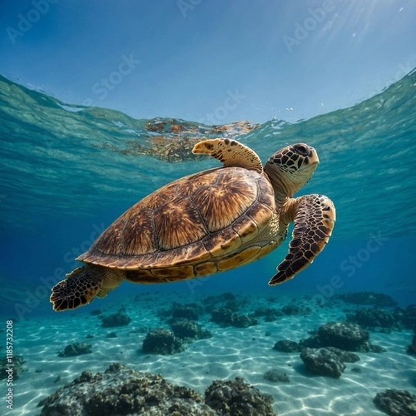 Fototapeta A loggerhead sea turtle emerging from the water with a bright sky-blue background.

