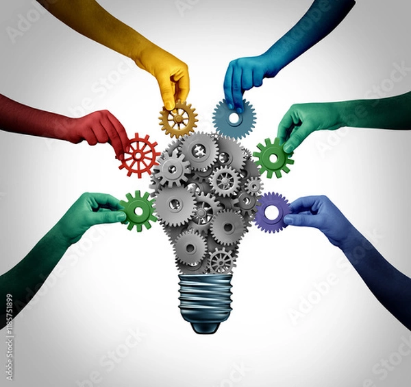 Fototapeta Diverse group solutions and creative business partnership as multicultural people uniting together to connect and contribute as an integrated team for a common idea.