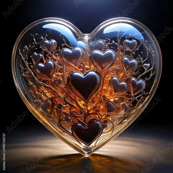 Obraz a lot of metallic hearts with roots in a big glass transparent clear heart isolated with golden light from the middle