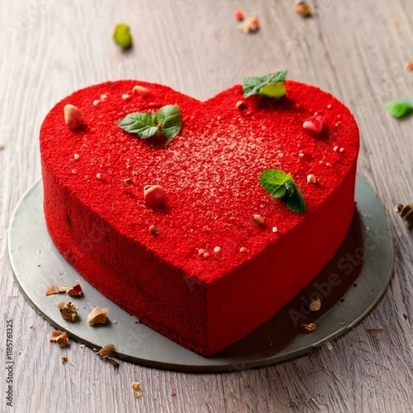 Obraz red velvet heart-shaped cake perfect for valentine day in a white round plate