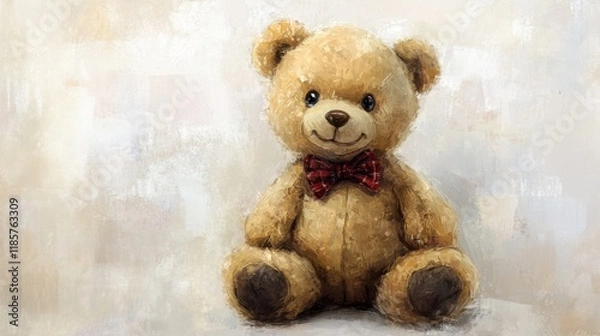 Fototapeta A soft, plush teddy bear with a cute bowtie, sitting on a clean white background, with detailed stitching and a friendly smile.