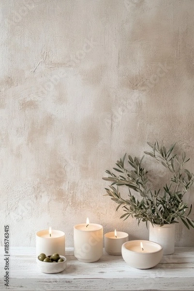 Obraz candles and olive branches against a beige wall
