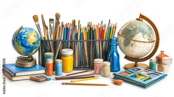Fototapeta Back to school greeting poster with school supplies, education items and chalkboard. Student book, pencil and paint palette, globe and backpack with autumn leaf for new school year celebration design