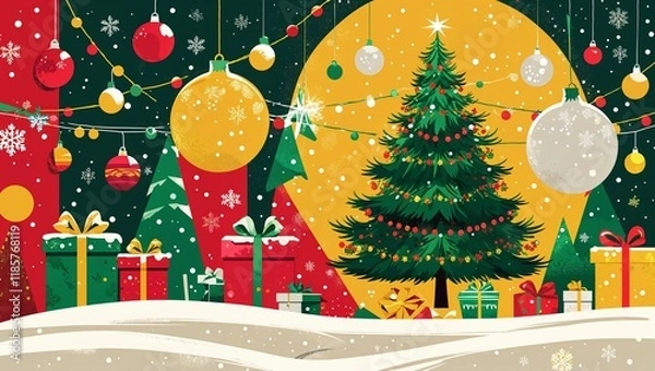 Obraz A Vibrant Illustration of a Winter Wonderland, Showcasing Snow-covered Trees, Glimmering Lights, and the Magic of the Season in a Beautifully Frosted Landscape
