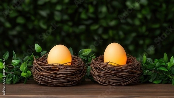 Obraz Lanterns designed as tiny bird nests with glowing eggs inside, adding a rustic charm to a countryside Easter event