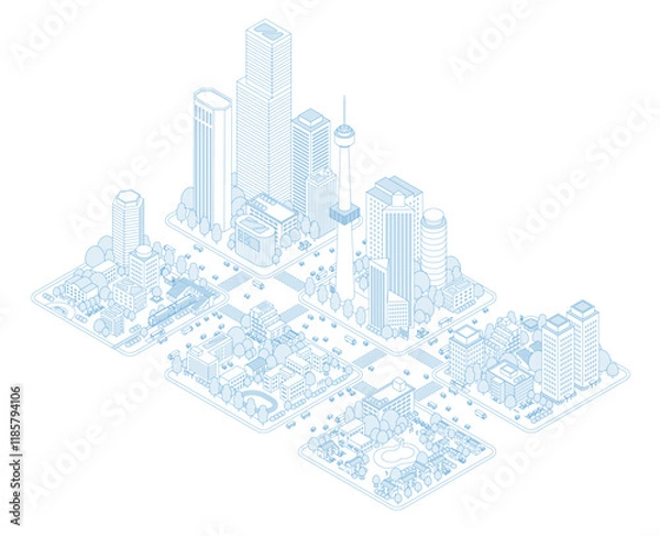 Fototapeta アイソメトリックの都市と住宅地のイラスト。電車が停まる駅と街。高層ビルと道路を行き交う車やバス、トラック。体育館や運動場のある学校と公園。