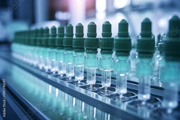 Fototapeta Automated machinery producing medication or vaccine bottles in pharmaceutical factory setting, ensuring quality and efficiency