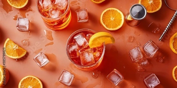 Obraz Negroni cocktails featuring Campari, Aperol, and oranges are beautifully arranged with a shaker and a jigger in this top shot, showcasing ice cubes enhancing the Negroni experience.