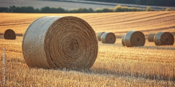 Obraz Rolled straw bales are netted and left on stubble, creating a picturesque scene with rolled, netted straw bales that enhance the agricultural landscape. Enjoy the beauty of rolled straw bales in