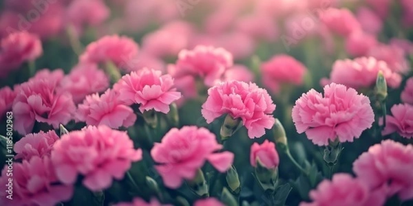 Obraz A detailed closeup of a vibrant pink carnation field, showcasing the beautiful petals and lush greenery. This image captures the essence of a pink carnation field in stunning detail.