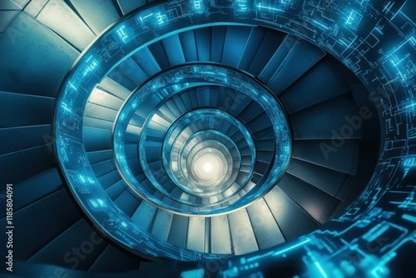 Fototapeta Spiral staircase featuring metallic steps and glowing circuits in modern design