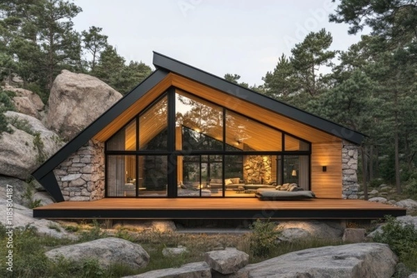 Fototapeta Modern wooden cabin embracing nature in the forest at dusk