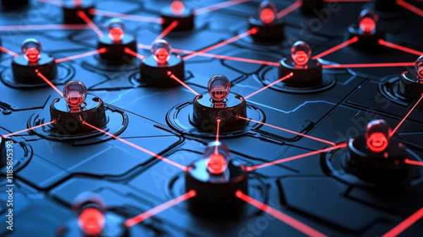 Obraz A detailed 3D map of a corporate network with security layers, firewalls blocking cyberattacks, and encrypted data streams. Nodes, connections, and real-time threat monitoring are highlighted