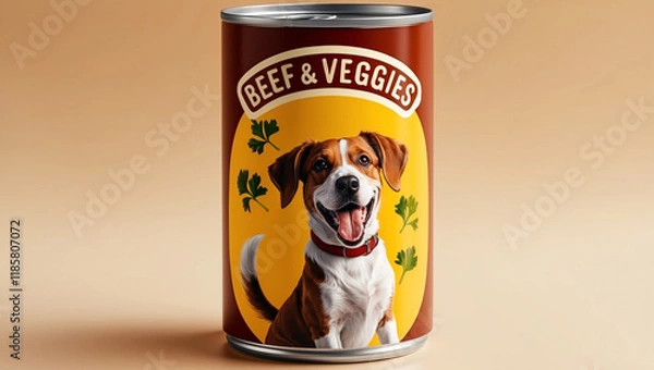 Fototapeta A cylindrical can with a shiny, metallic surface and a vibrant, colorful label Beef & Veggies wrapping around its body, showcasing a playful dog with a joyful expression