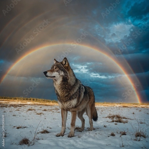 Obraz A wolf standing under a magical rainbow on a snowy plain.