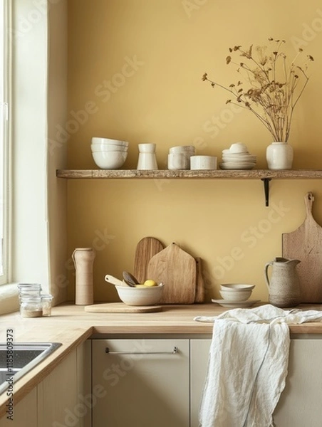 Fototapeta Rustic Kitchen Shelf Decor With Earthy Tones And Wooden Accents