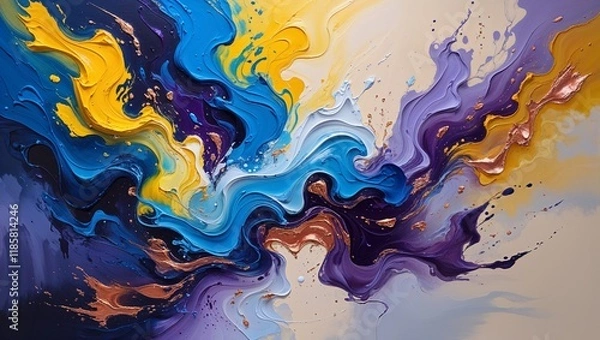 Fototapeta Vibrant and expressive acrylic abstract painting featuring a dynamic interplay of swirling shapes and colors, with bold brushstrokes and textures that evoke a sense of energy and movement, set against